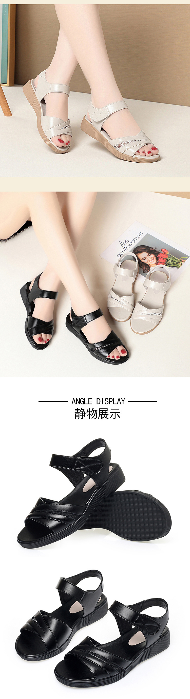 Sandal nữ đế bệt da thật mềm, đế cao su bền bỉ, thoải mái cho chân rộng — màu đen chi tiết 7