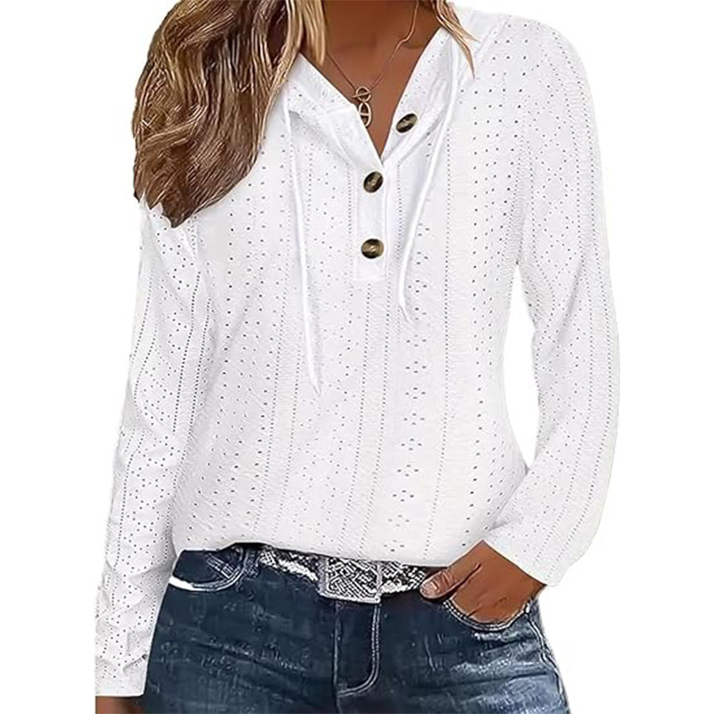 Amazon 2025 European and American Cross-Border Women's Casual Long-Sleeved Shirt Eyelet Button Lightweight Drawstring White Top