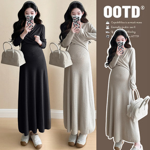 Pregnant Women Autumn and Winter New V-neck Lactation Knitted dress Design Sense Slimming Gentle Style Long Dress