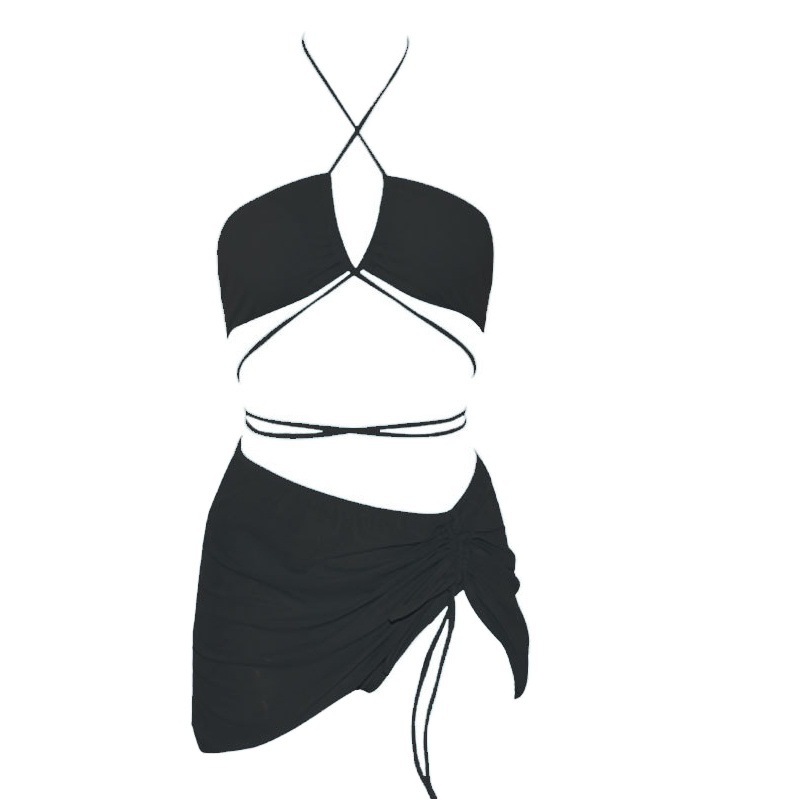 Europa y América transfronteriza nueva sexy encaje de gasa falda bikini conjunto de tres piezas se reunieron vacaciones en la playa Sanya traje de baño junto al mar