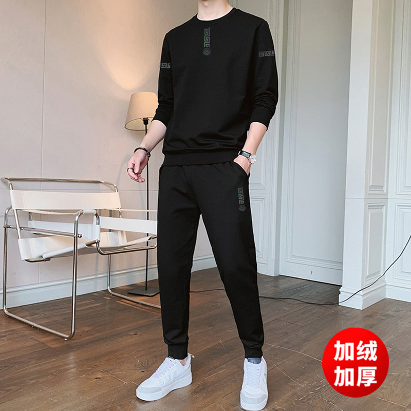 suit Men's 2024 New Winter fleece-lined Thickened Fashion All-match Trendy Men's Round Neck Handsome Sweat Two-piece Set