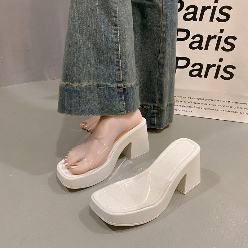 European Style Women's Shoes 2024 New Fashion Transparent One-Strap Sandals Thick Sole Waterproof Platform Square Toe_vogvips.com