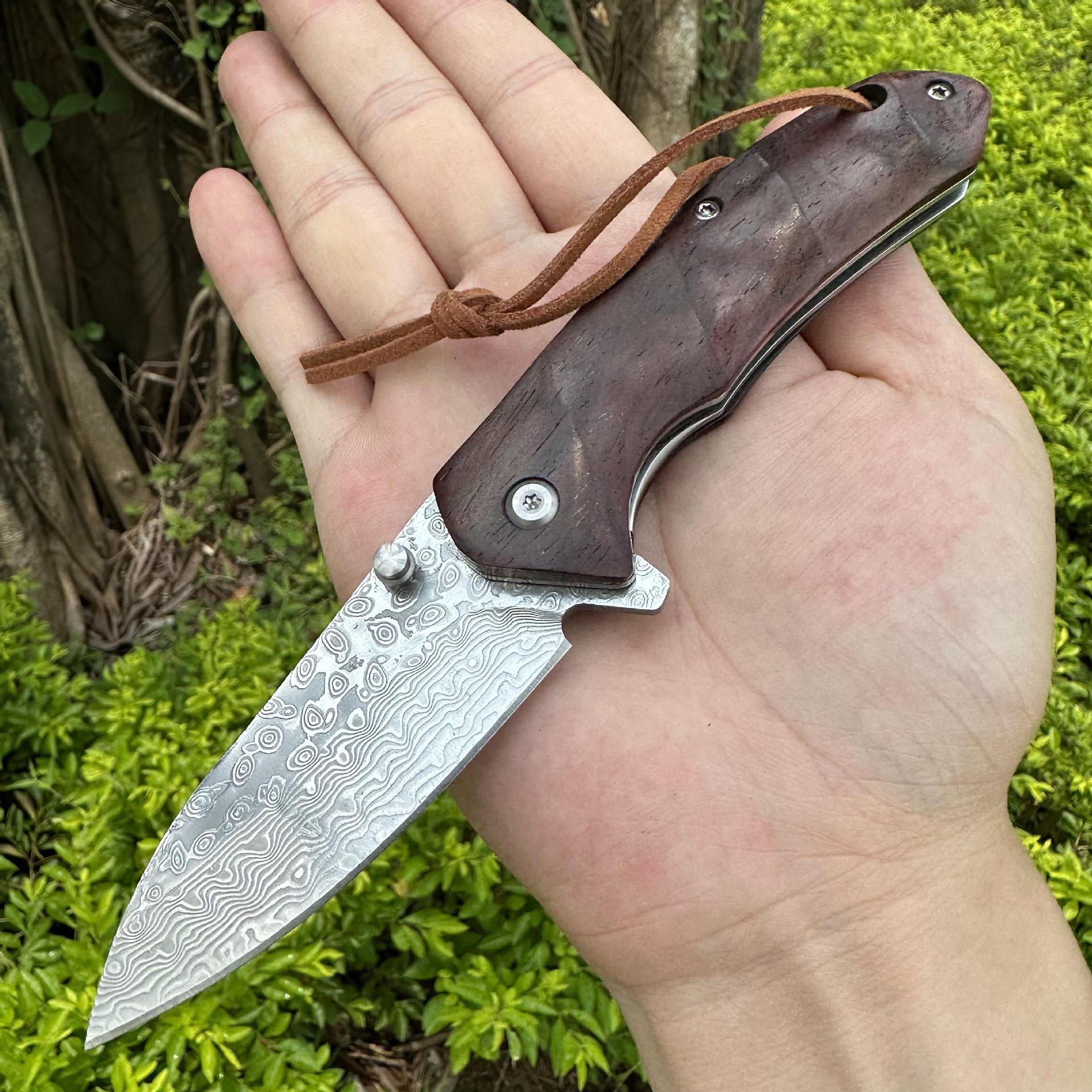 现货VG10大马士革钢户外折叠刀内置滚珠轴承微凹黄檀木手柄便携刀