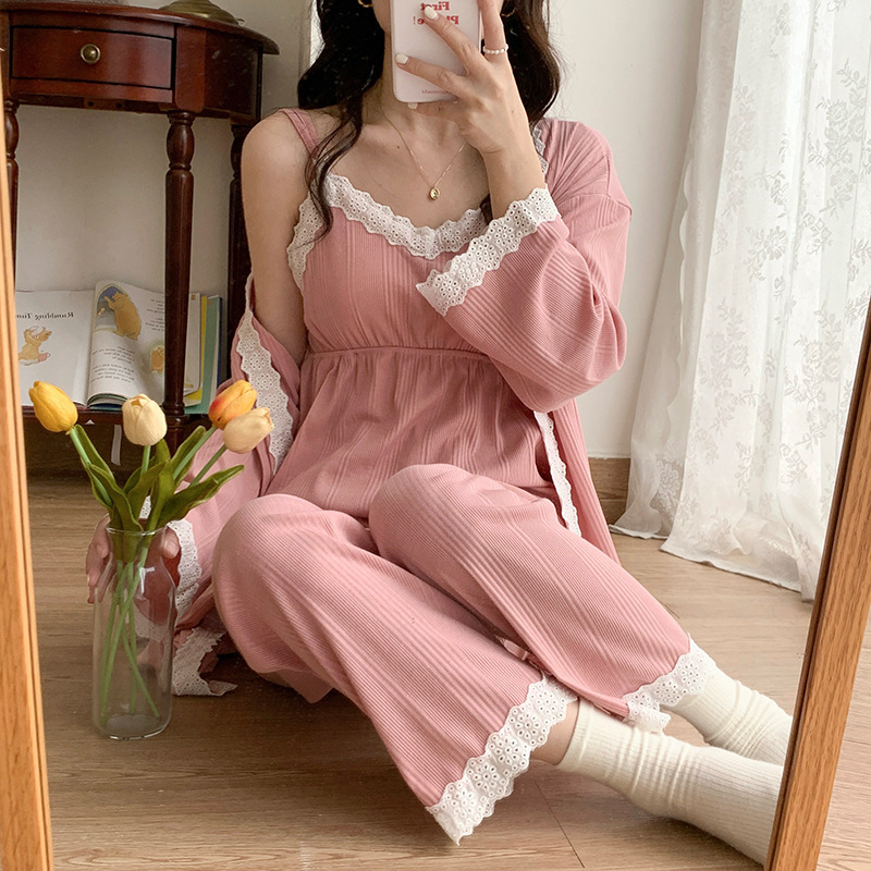 Three-piece Set with Chest Pad Suspenders Pregnant Women's Breastfeeding Pajamas Spring and Summer Korean-style Breastfeeding Clothes Long-sleeved Nightgown Home Clothes