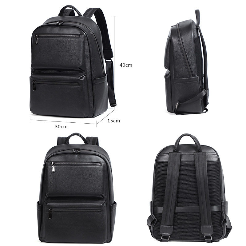 Ba lô da bò lớp đầu cho nam, kiểu dáng tối giản, đa chức năng, ngăn laptop 15 inch — Màu đen