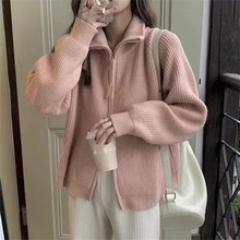 韓版純色寬松高領雙拉鏈毛衣外套女2023春季慵懶風立領針織開衫潮