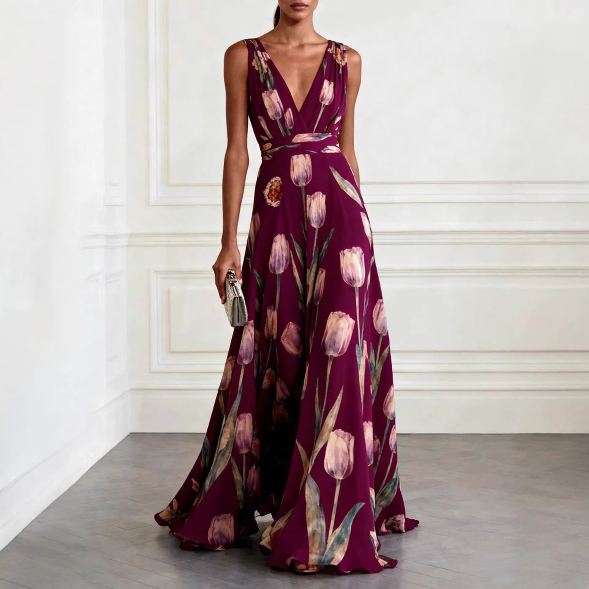 Tulip Printed Evening Dress Women's Sleeveless V-Neck Chiffon Dress_ecoleips.com