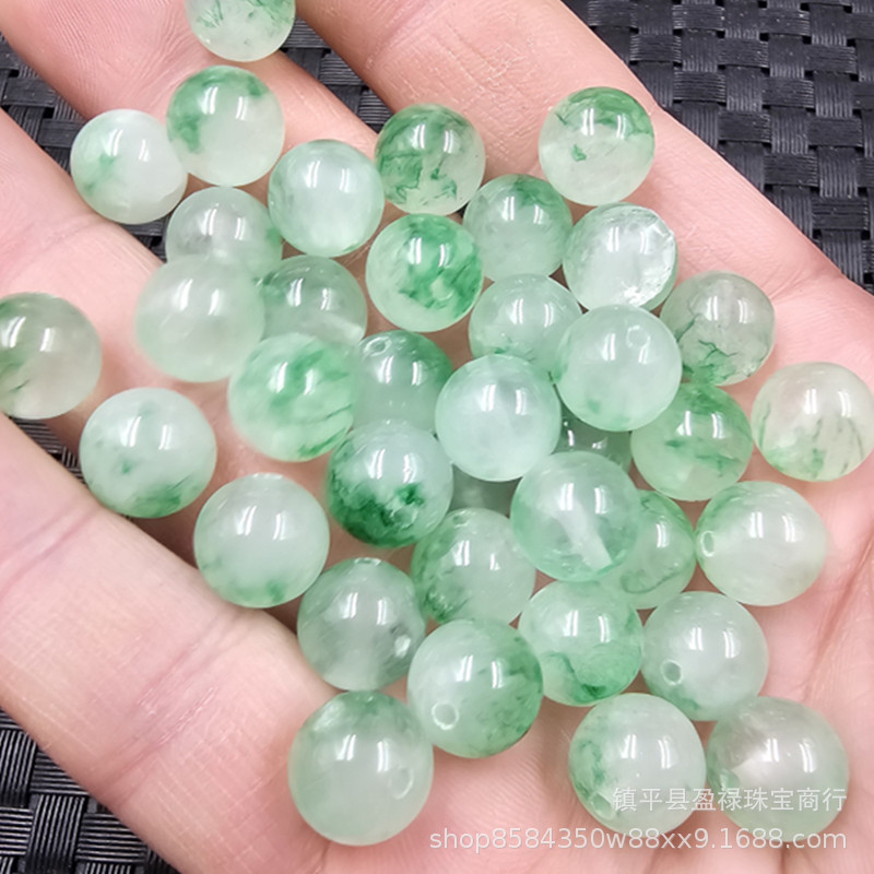 独龙玉圆珠玉石散珠翠绿飘花石英岩玉白底青珠diy饰品配件手工珠