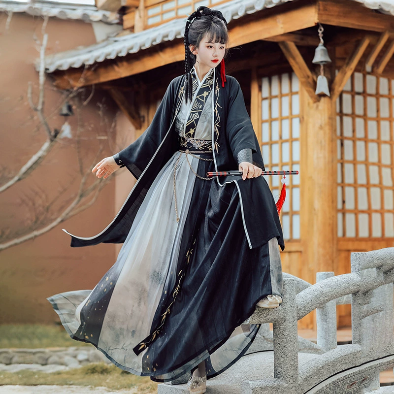 Исключительное оригинальное платье-ханфу Mucha в стиле Сунь, длиной до талии, в китайском стиле с черно-белой росписью, унисекс, стильное и универсальное для повседневной носки.