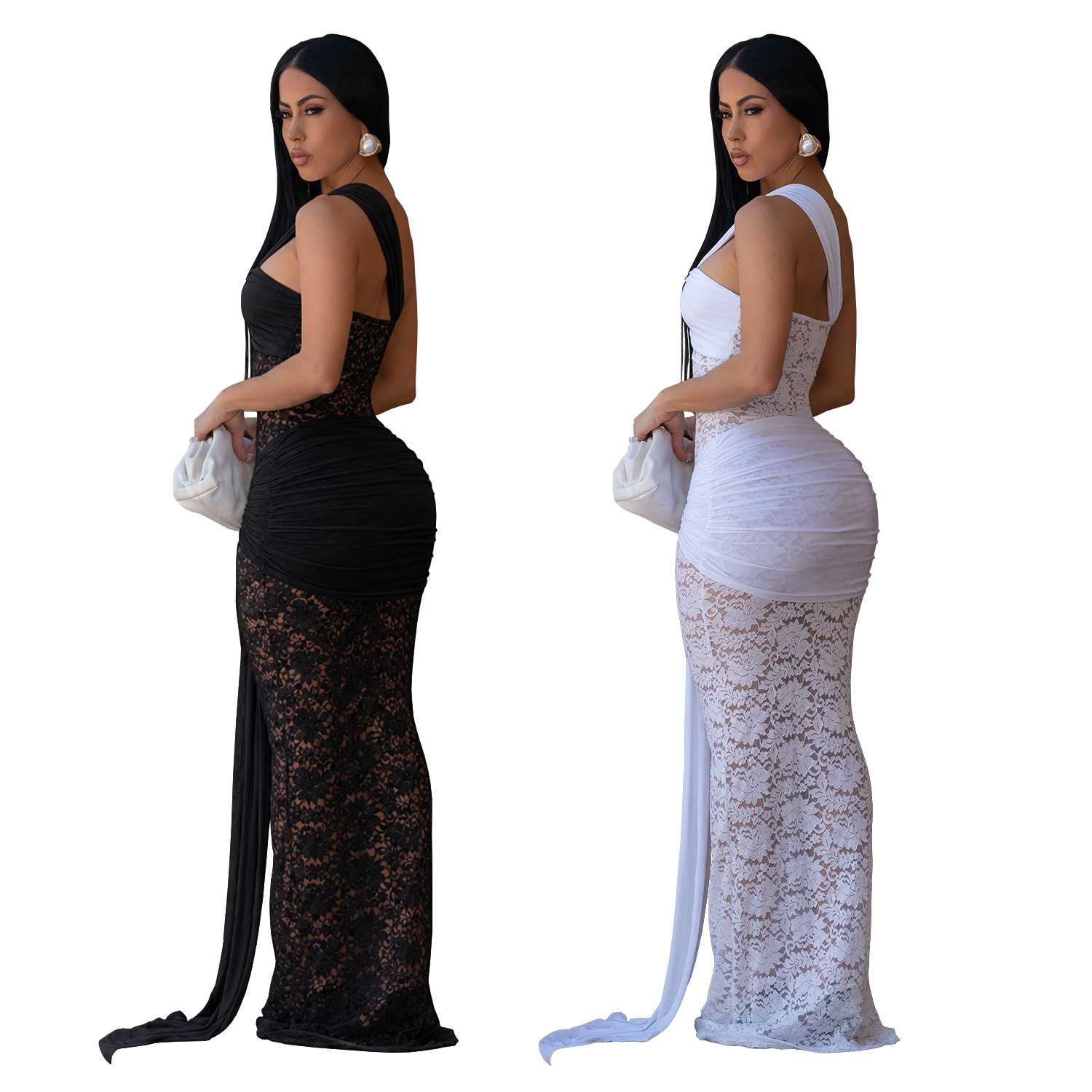 Sexy bodycon jurk van kant met eén schouder voor dames_voghion.com