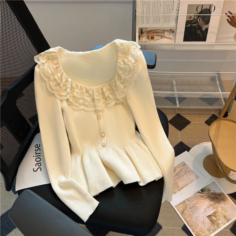 Tweed Style Lace Doll Collar Splicing Sweater for Women 2025 Design Waist-Cinching Skirt Top Chic and Beautiful Shirt