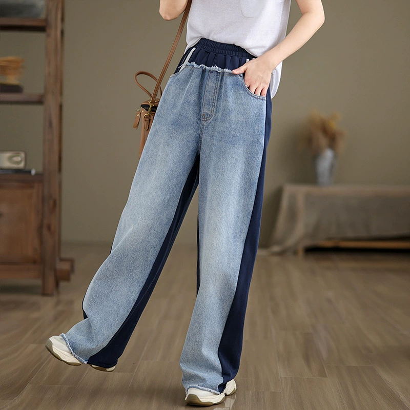 Ретро дизайн Чувство сшивания цвета сращивания шерстяных джинсов женские летние высокие талии тонкие широкие брюки