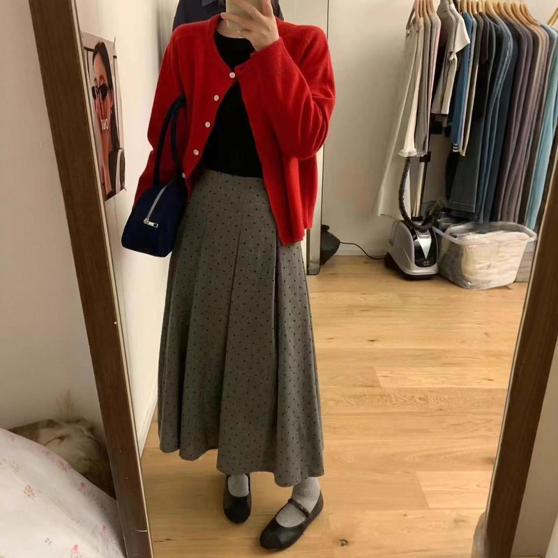 小众灰色波点百褶半身裙女装早秋高腰显瘦梨形身材中长款a字裙子|undefined