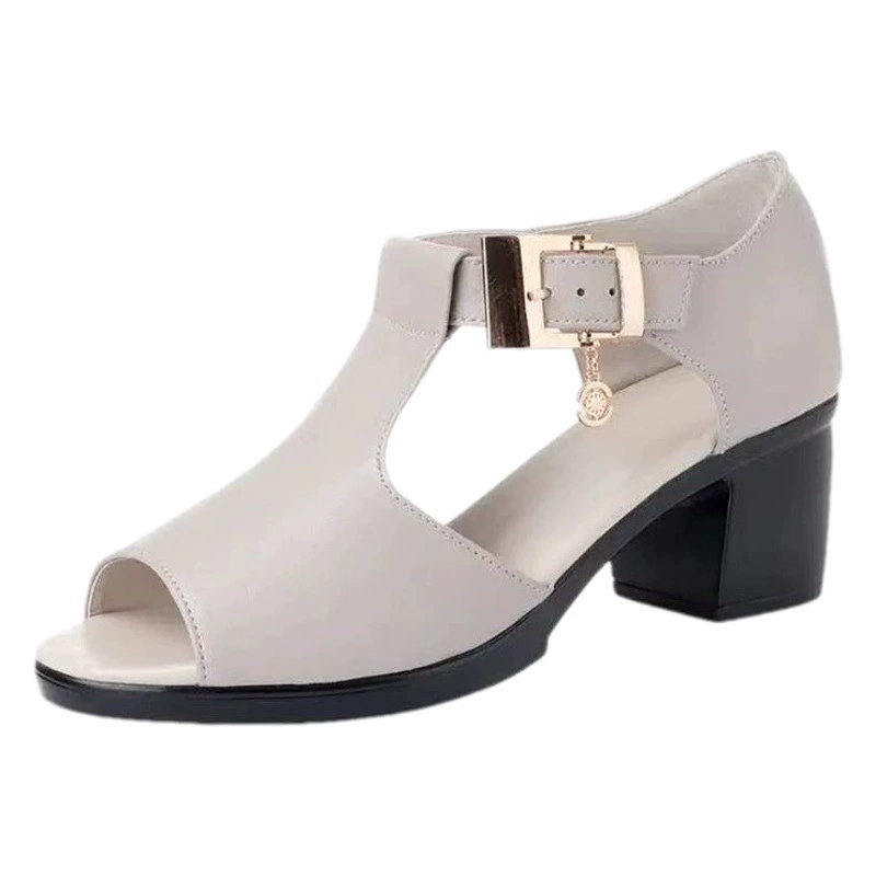 Внешняя торговля сандалии для женщин 2025 новые женские туфли на толстом каблуке и среднем каблуке, обувь для мам среднего возраста, одно слово, пряжка, сандалии с рыбьим ртом для женщин, лето
