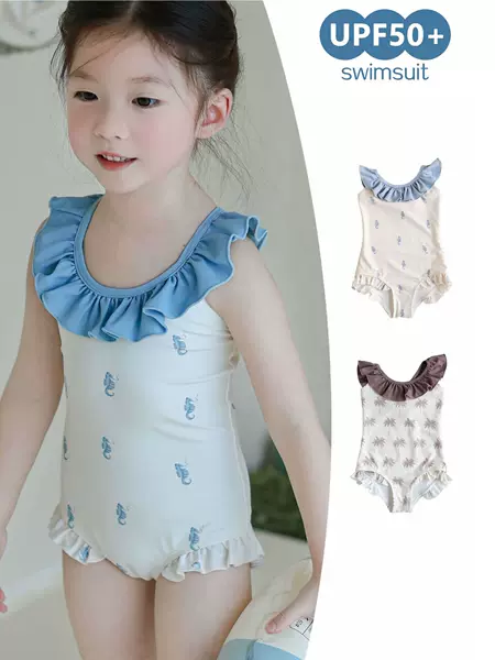 Girls' Ins Lace One-Piece Swimsuit Rc Princess Cute Little Seahorse Swimsuit Baby Chlorine-Resistant Sun-Protective Swimwear