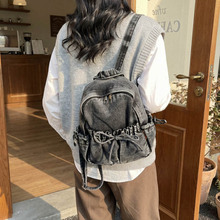 复古水洗做旧迷你小双肩包女牛仔布帆布背包休闲通勤古着感小背包