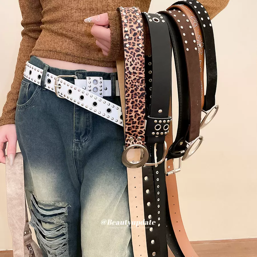 欧美皮革铆钉子弹圆形椭圆腰带时尚简约皮带腰链小众设计感腰饰女