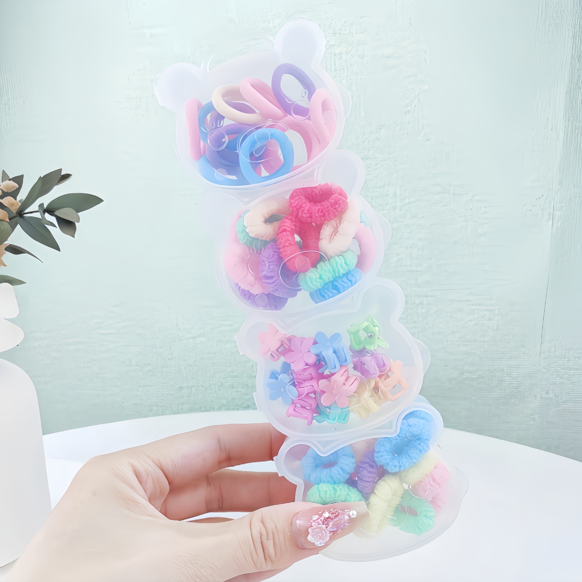 Base coreana para el cabello de los niños, toalla de banda de goma, anillo de cabello para niños pequeños, anillo de cabello de caja de color, joyas de cabello de cuerda