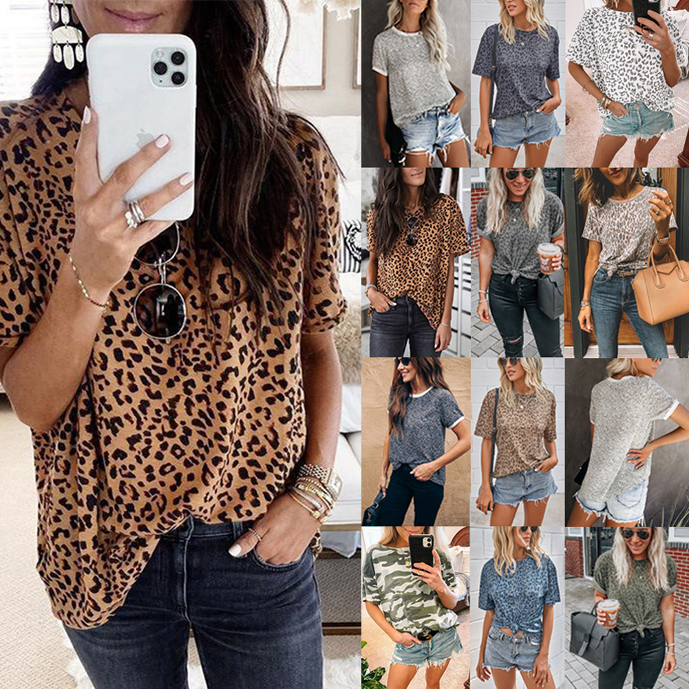亚马逊 eBay 速卖通2021年夏季欧美时尚圆领短袖豹纹女士T恤 上衣