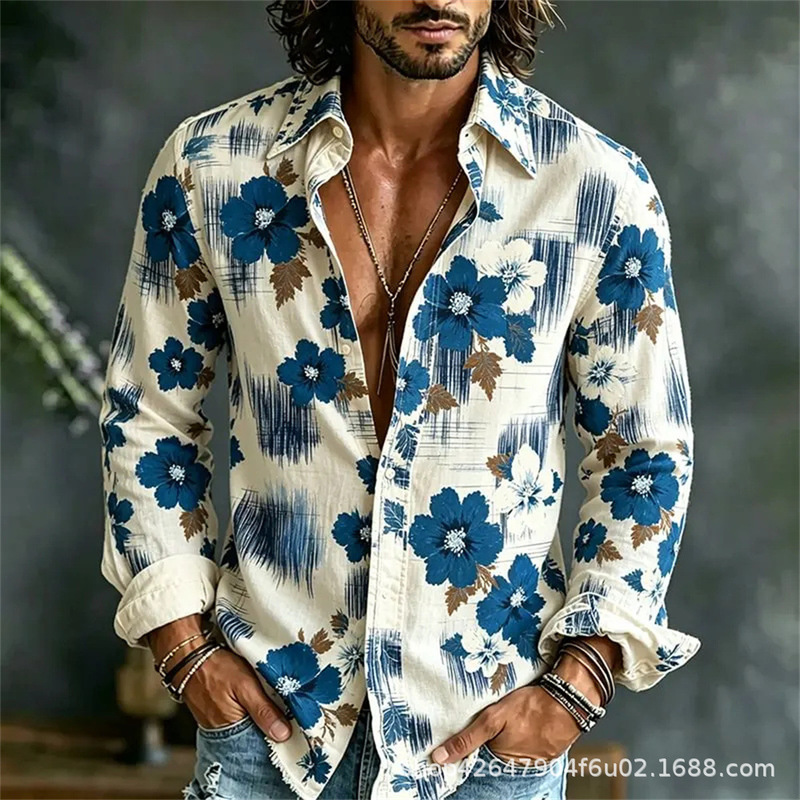 2026 Black Base Color Floral Long-Sleeved Shirt, Retro Bohemian Resort Style Men's Shirt 2026 Black Base Color Floral Long-Sleeved Shirt, Retro Bohemian Resort Style Men's Shirt
