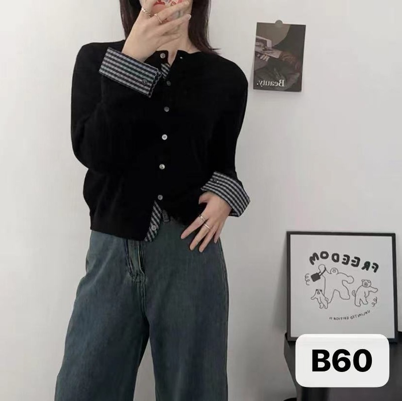 新款格子布拼接减龄针织开衫女假两件软糯外套欧货毛衣毛织衫工厂|undefined