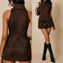 2025欧美跨境新款女装时尚修身露背无袖挂脖上衣性感短裙两件套