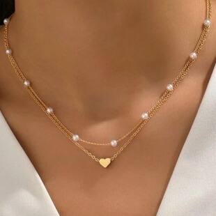 European and American Cross-Border Jewelry Accessories, Versatile Pearl Love Pendant Necklace, Women's Jewelry, Retro Alloy Stacked Clavicle Chain
