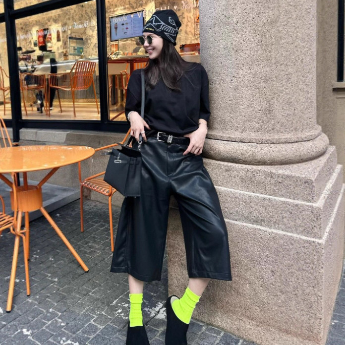 Cropped Pants, Fashionable and Age-Reducing, Straight-Leg, Large Seven-Point Pants, Casual and Loose Design, Casual Pants (with Belt)