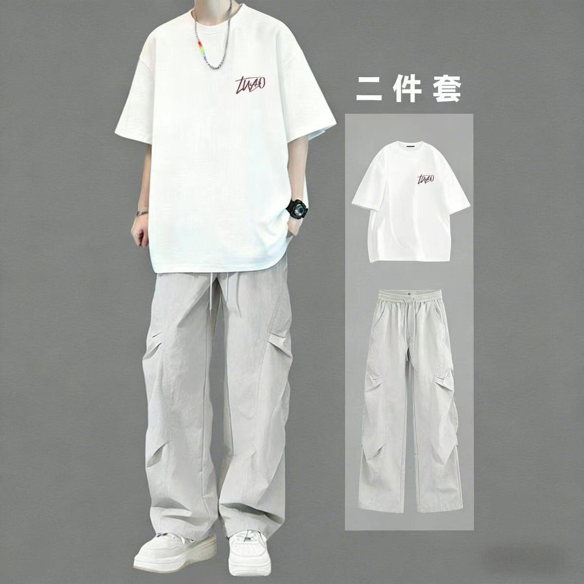 Trendy pure cotton short-sleeved T-shirt for men, summer casual sportswear set for teenagers, complete set with cargo pants