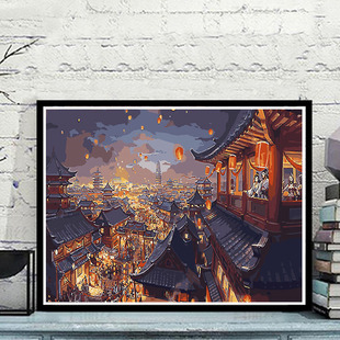 Factory wholesale DIY digital oil painting living room landscape architecture flower coloring handmade painting lantern on Kongming Lantern