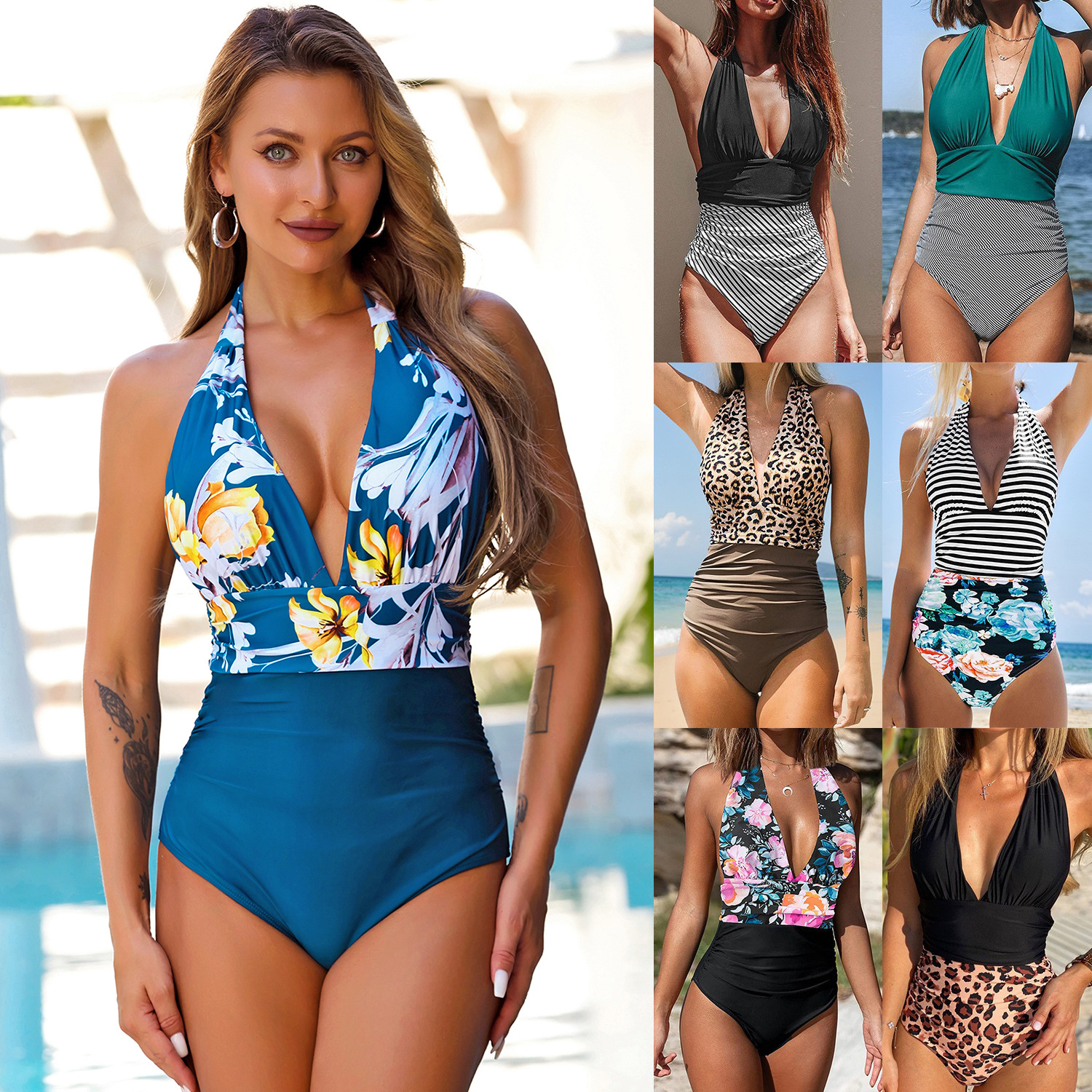 Traje de baño de una pieza para mujer, halter sin espalda, cintura alta, multicolor impreso, estilo europeo y americano 2023