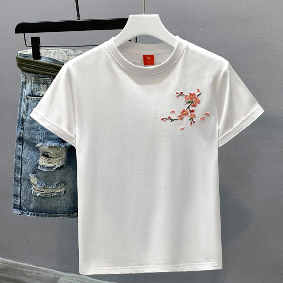 2024 spring and summer new national fashion Chinese style fashion brand loose plum embroidery short sleeve T-shirt men couple summer half sleeve