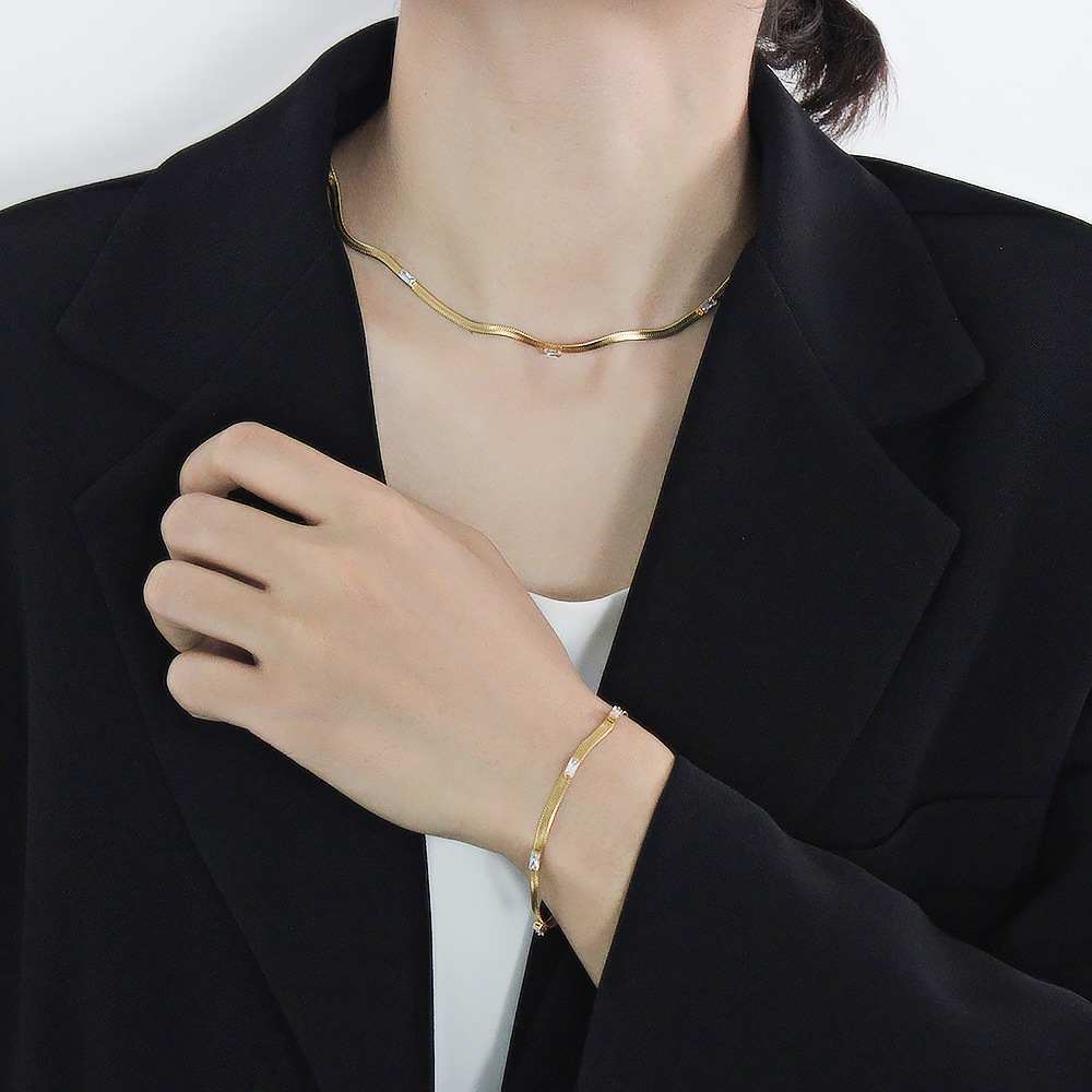 Fashion Square Stainless Steel Plating Inlay Zircon Bracelets Necklace 1 Piece