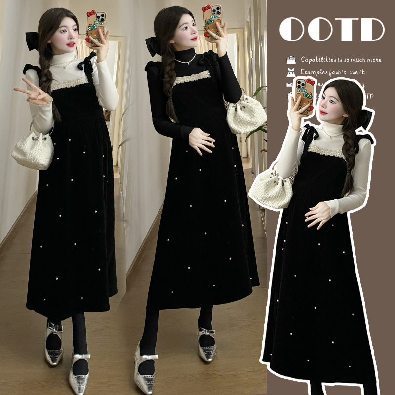 Maternity Wear~Maternity Wear Autumn and Winter Fashionable Gold Velvet Beaded Suspender Dress Spring & Fall Elegant Two-Piece Set