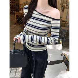韩系慵懒风斜肩条纹T恤女ins早秋简约休闲修身显瘦百搭长袖打底衫