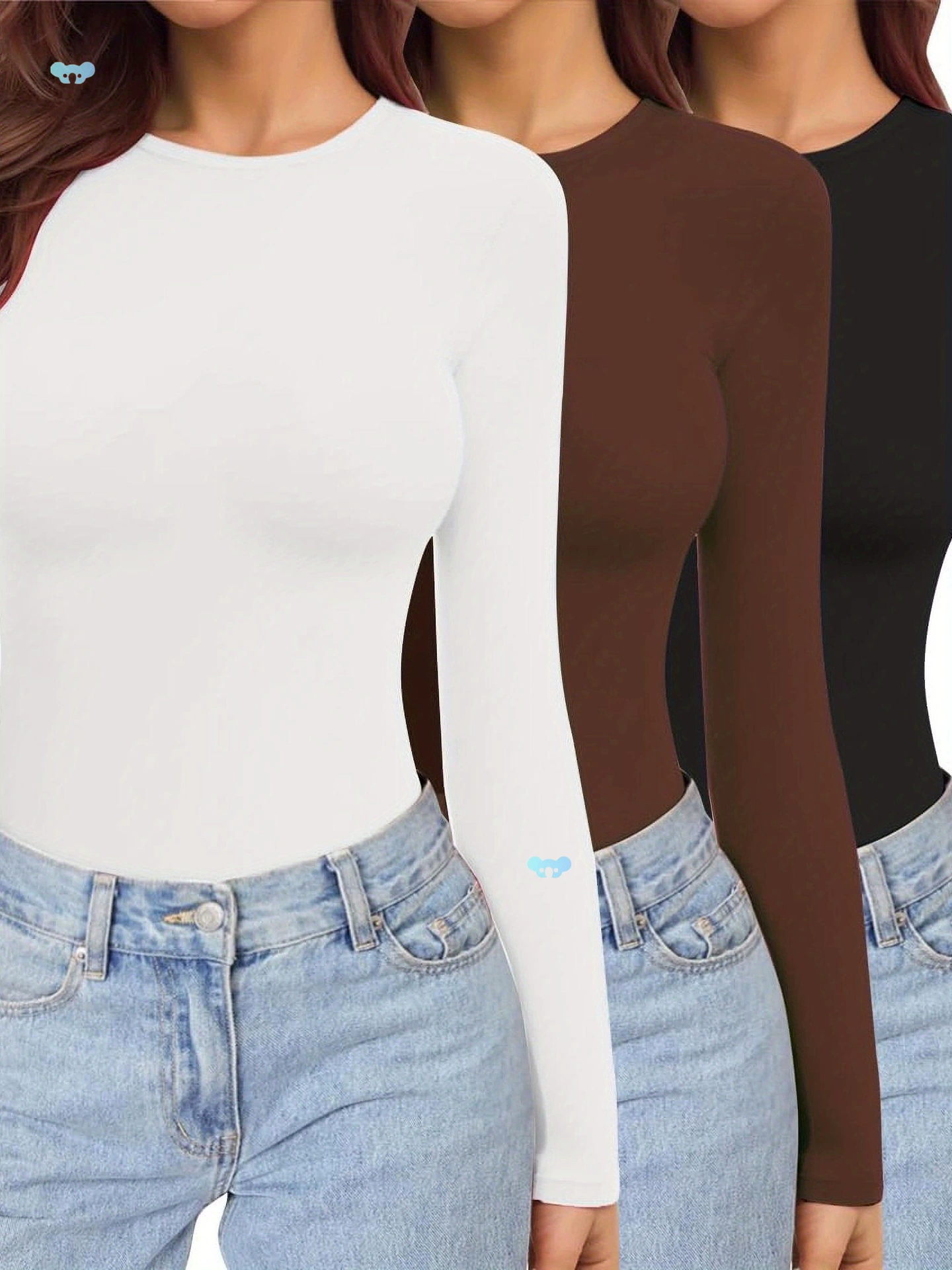 Комплект из 3 женских рубашек с длинным рукавом, эластичная посадка с круглым вырезом
