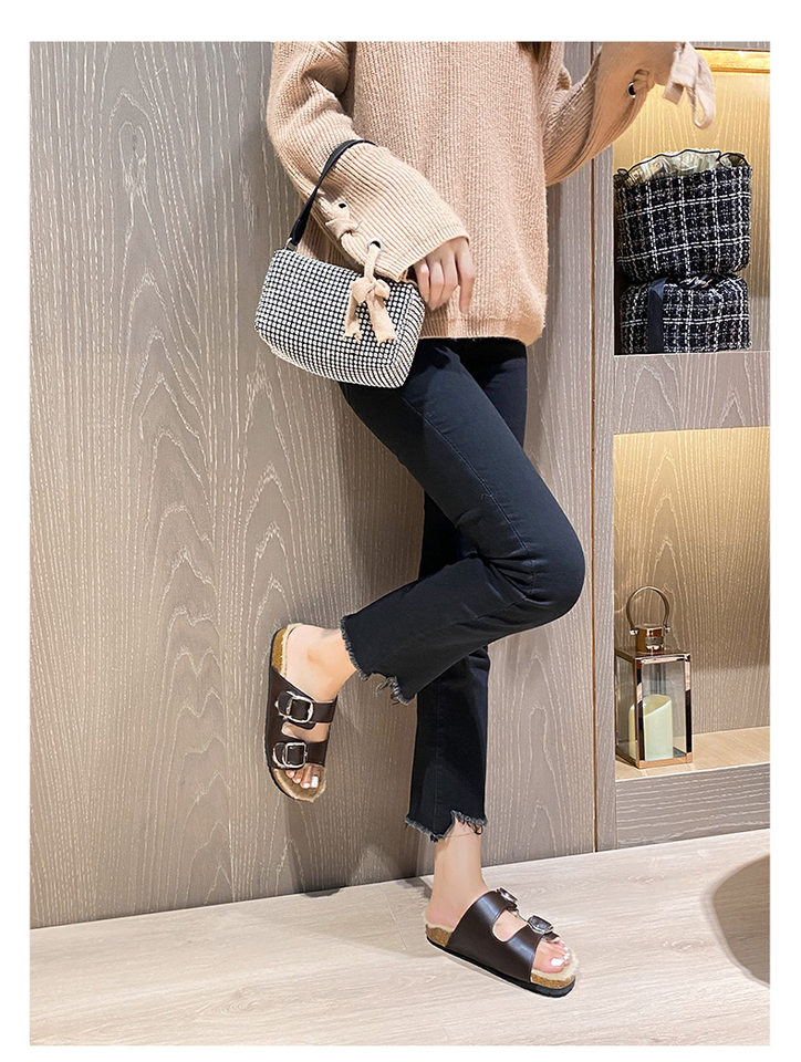 Dép lông cừu nữ quai ngang hai khóa cài, đế dày, đi ngoài trời — Màu đen, Nâu cổ điển chi tiết 17