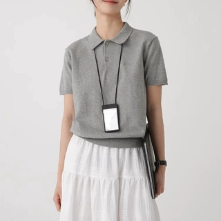 法式藏青色polo领翻领正肩针织短袖t恤女夏季小个子短款冰丝上衣