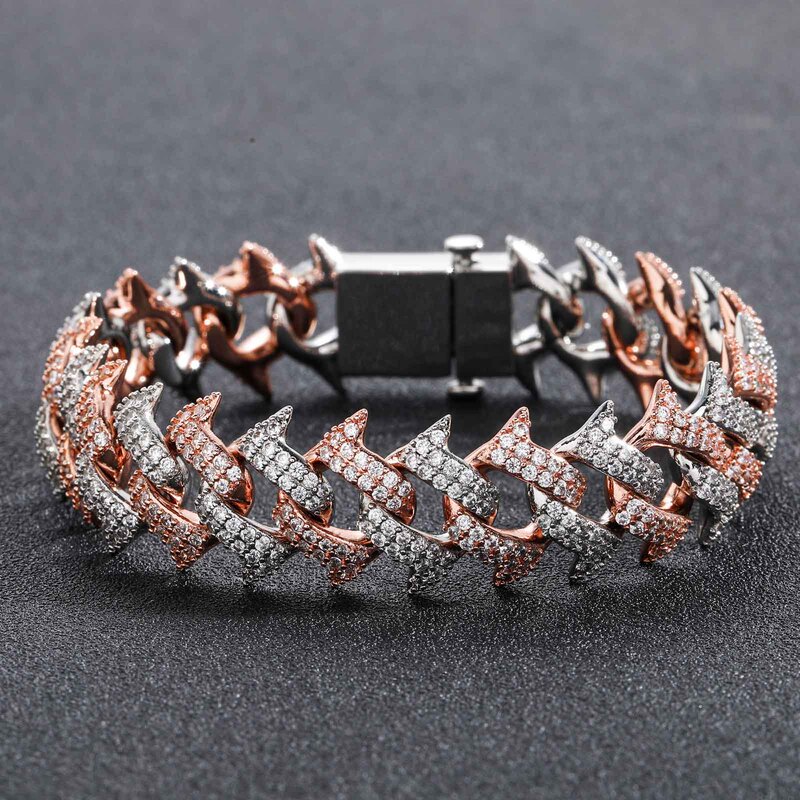 European and American hip hop 18mm pink and white zircon spiked Thorn Cuban chain bracelet spring buckle men's personality hip hop bracelet