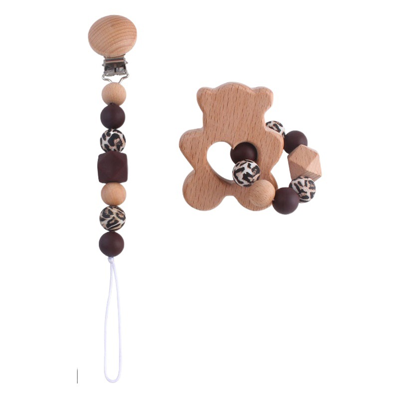 Bebé DIY creativo haya chupete clip pezón Cadena de leopardo perlas silicona Beech animal juguete teether palo