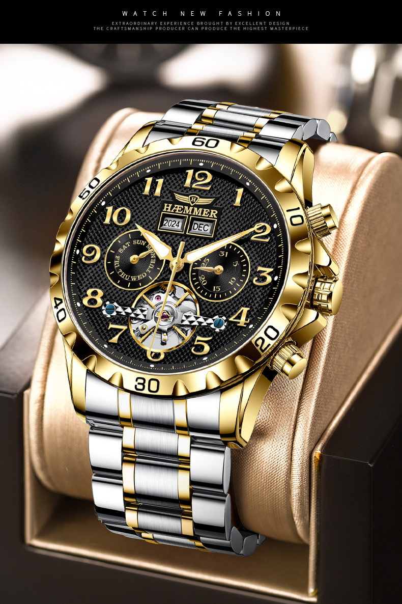 Đồng hồ nam automatic lộ máy dây thép — Dải thép đen, Dải thép trắng chi tiết 9