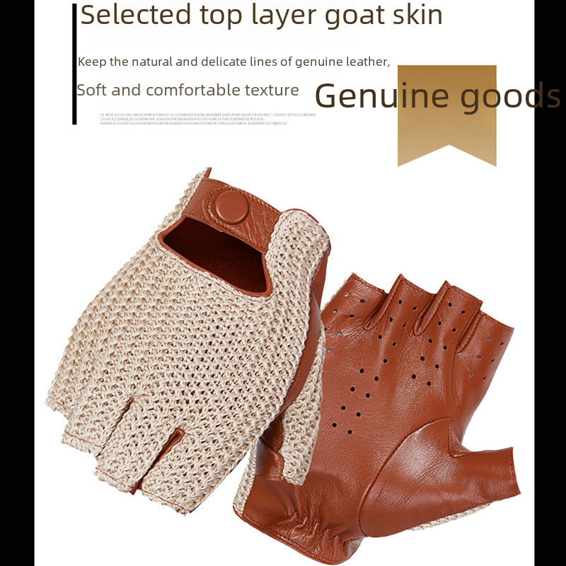 Neue Herren-Halbfingerhandschuhe aus echtem Leder, gewebte Handrücken, Herbst und Winter, rutschfeste Motorradhandschuhe, Schaffell, dünn_voghion.com