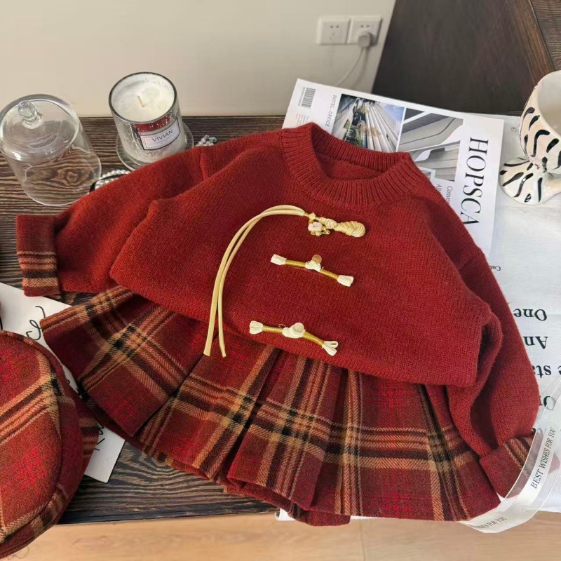 韩版童装2025新款秋冬女童红色拼格子毛衣儿童格子半身裙两件套潮