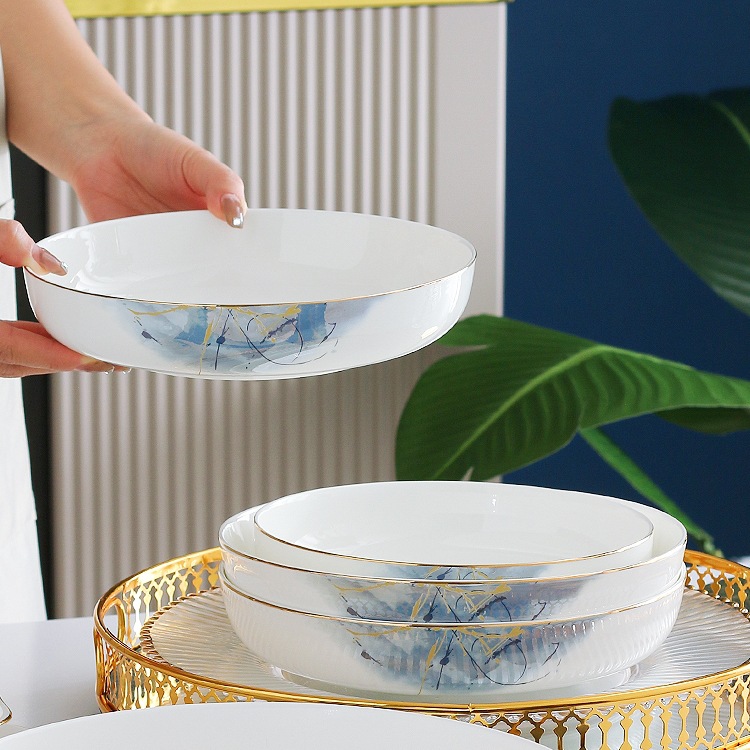 家用金边骨瓷7-10英寸窝盘骨瓷窝盘菜盘轻奢风餐具圆形炒菜盘汤盘