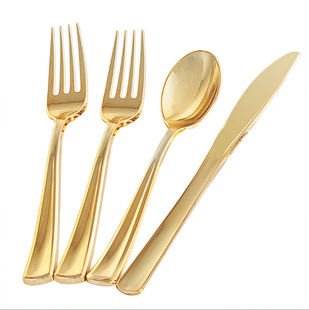 Spot foreign trade dinner plate plastic gold fork disposable knife fork spoon set rose gold tableware wholesale cross-border