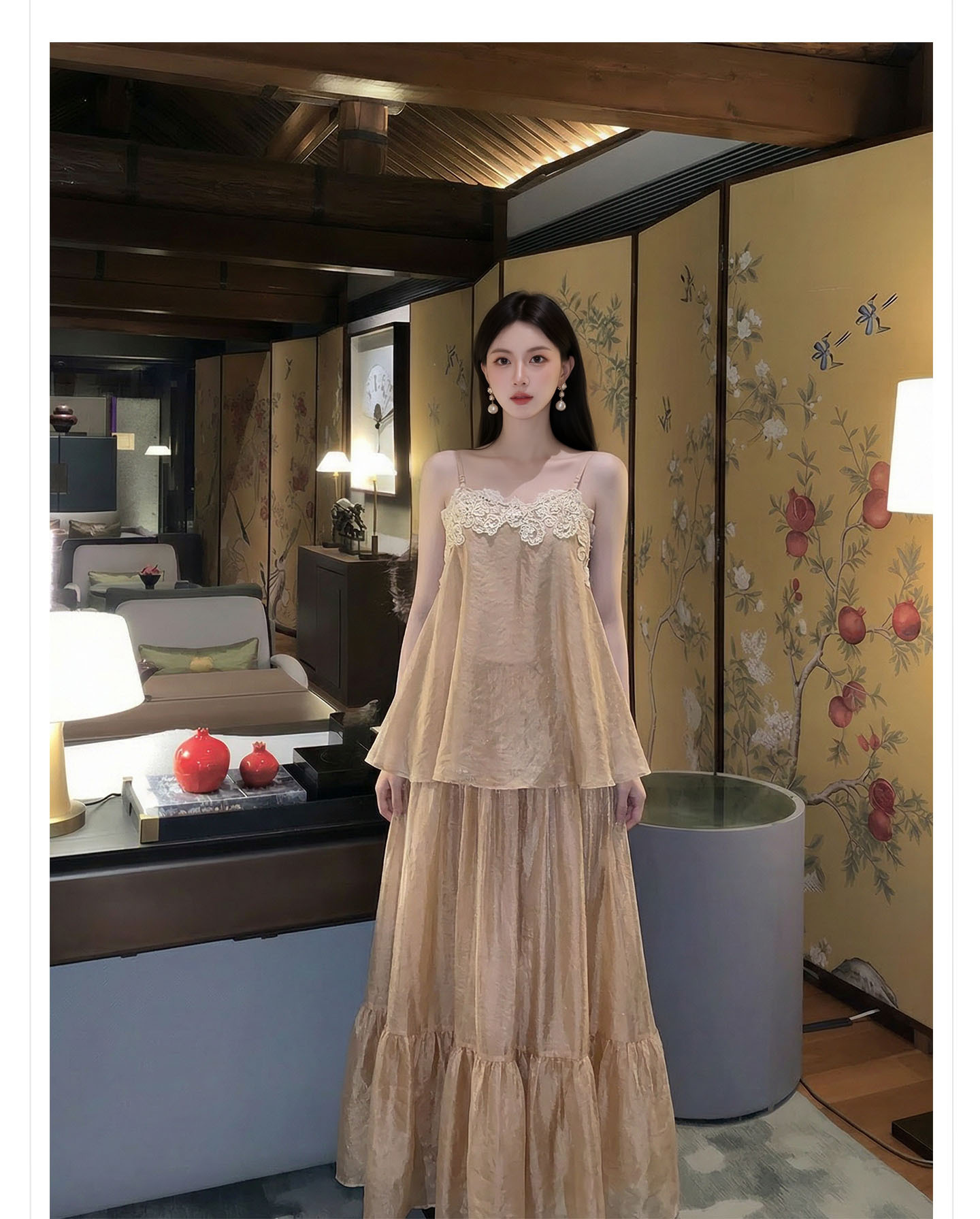Bộ váy đầm maxi nữ thắt eo phong cách tân cổ điển Trung Hoa sang trọng — nửa váy, Trang chủ chi tiết 5