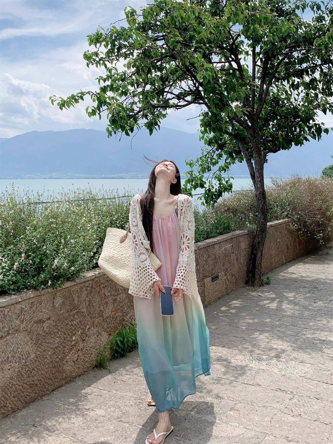 Đầm maxi nữ dây treo họa tiết ombre loang màu phong cách biển — Đầm voan (Version), Đầm voan (phiên bản thường) chi tiết 3