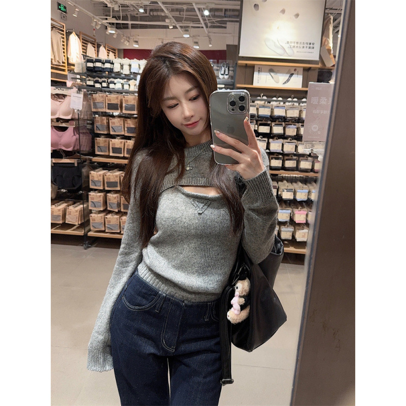 Pure Desire Long-Sleeved Knitwear Shawl Top with Camisole Straight Jeans Loose Wide-Leg Pants Suit for Women