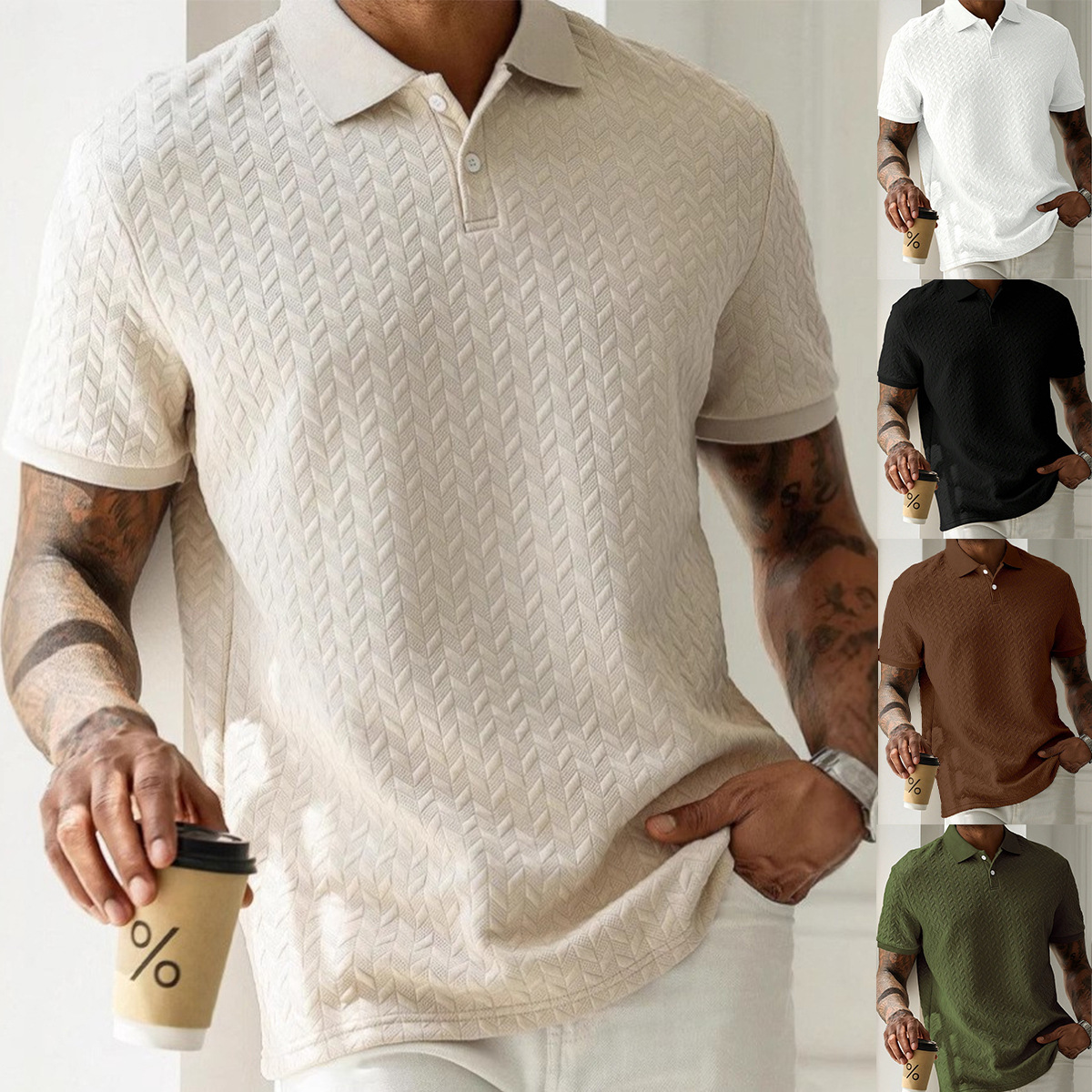 Polo da uomo casual a maniche corte con trama, ideale per il commercio estero europeo e americano transfrontaliero estivo 2026._voghion.com