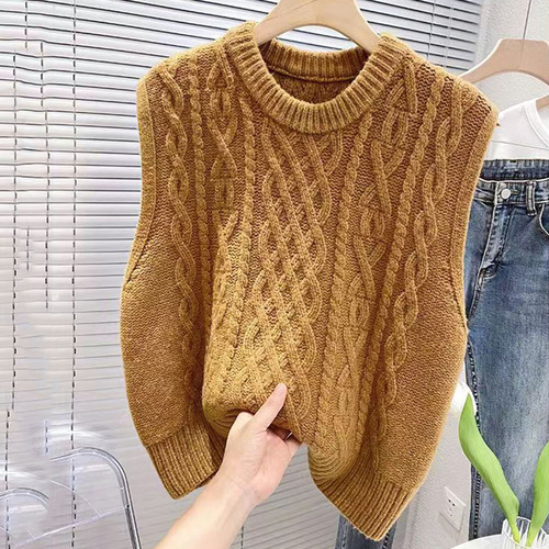 New Knit Vest, Solid Color Cable-Knit Crew Neck Short Sleeve Spring and Autumn Cardigan, Layering Loose Outerwear, No-Sleeve Sweater